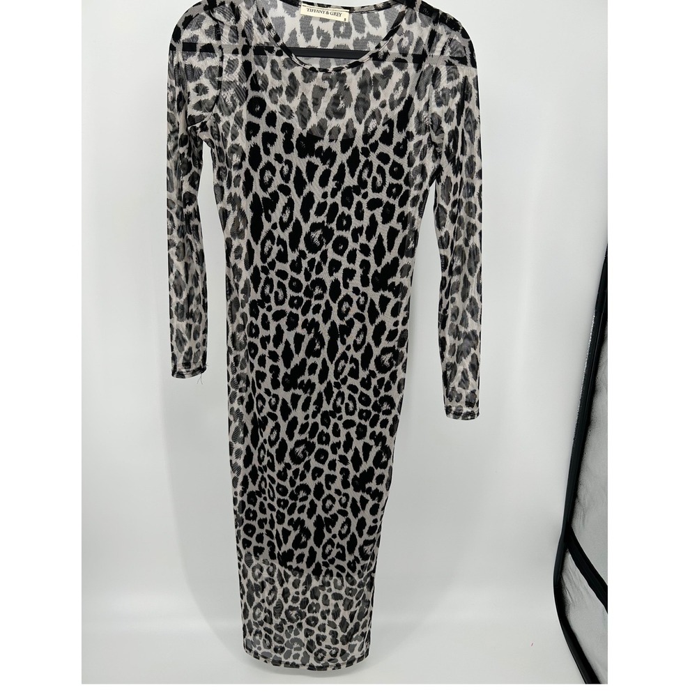 Tiffany & Grey Leopard Print Mesh Midi Dress Grey Black Long Sleeve Small
